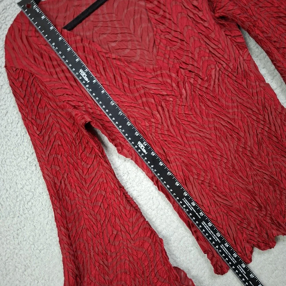 Women's Red Crinkle Whimsigoth Long Sleeve Wrap Top Scalloped Hem V neck XL-2X